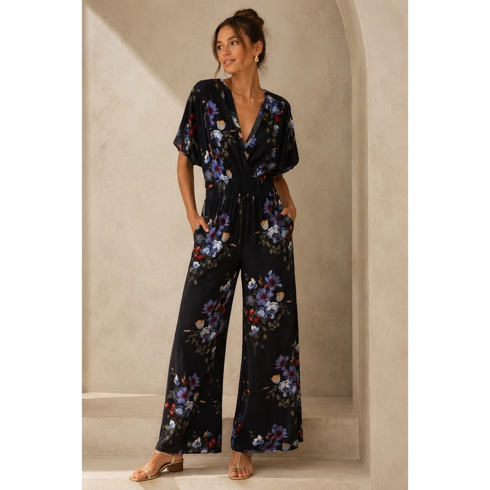 American Eagle Wide Leg Smocked Dark Floral Jumpsuit M Whimsigoth Romantic Fairy